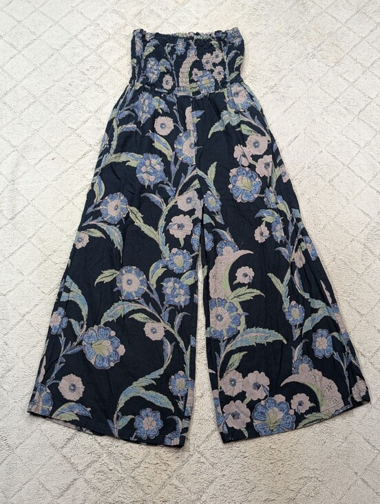 Pilcro Pants - Pilcro Jumpsuit Womens M Blue Floral Smocked Wide Leg Linen Blend Strapless